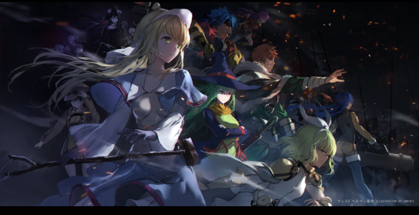 3boys 6+girls armor artist_name bangs black_dress black_hair blonde_hair blue_coat blue_hair blunt_bangs breasts brown_coat brown_hair cannon cape capelet closed_mouth coat collarbone commentary_request crook_morphus crossed_arms dark dress facing_away full_armor gauntlets glasses gloves green_dress green_eyes green_hair grin hair_ribbon hand_on_headwear hand_up hat headband highres holding holding_weapon kentou_kanami knight legs_apart letterboxed long_hair long_sleeves maria_custard masou_shizuka medium_breasts miracle_tou multiple_boys multiple_girls open_clothes open_coat outstretched_hand patton_misnarge polearm rance rance_(series) rance_ix redhead ribbon robe sheath sheathed sheila_helman shirt short_hair shorts shoulder_armor skull slingshot smile spear swd3e2 sword teeth tillday_shape watermark weapon white_ribbon white_shirt wide_sleeves wind witch_hat