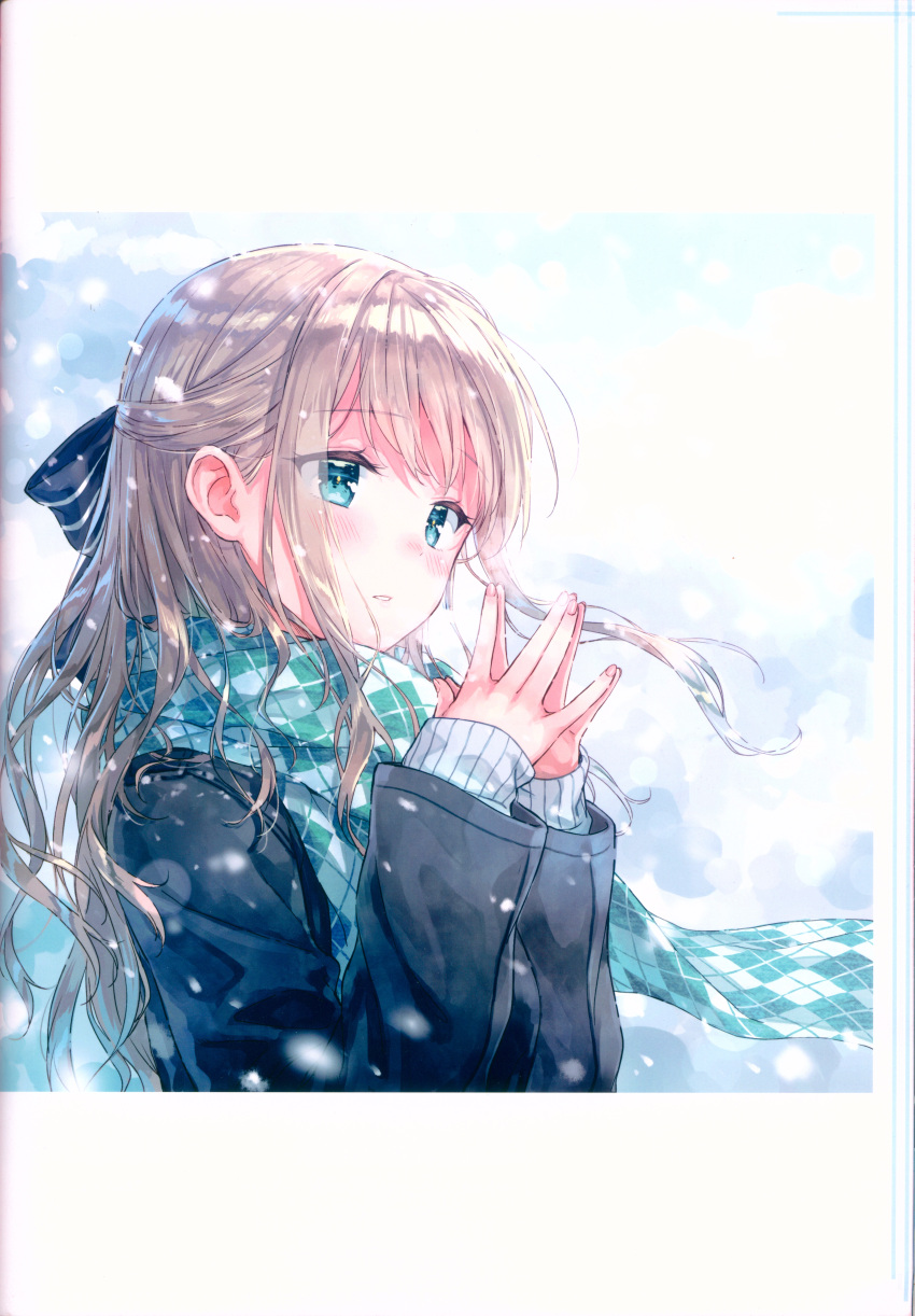 1girl \||/ absurdres aqua_eyes argyle argyle_scarf bangs blonde_hair blue_bow blue_coat bow coat eyebrows eyebrows_visible_through_hair eyelashes floating_hair from_side hair_bow half_updo highres hiten_(hitenkei) huge_filesize kagurazaka_reina long_hair long_sleeves looking_away motion_blur original own_hands_together parted_lips scan scarf sleeves_past_wrists snowing solo sweater upper_body wind winter winter_clothes winter_coat