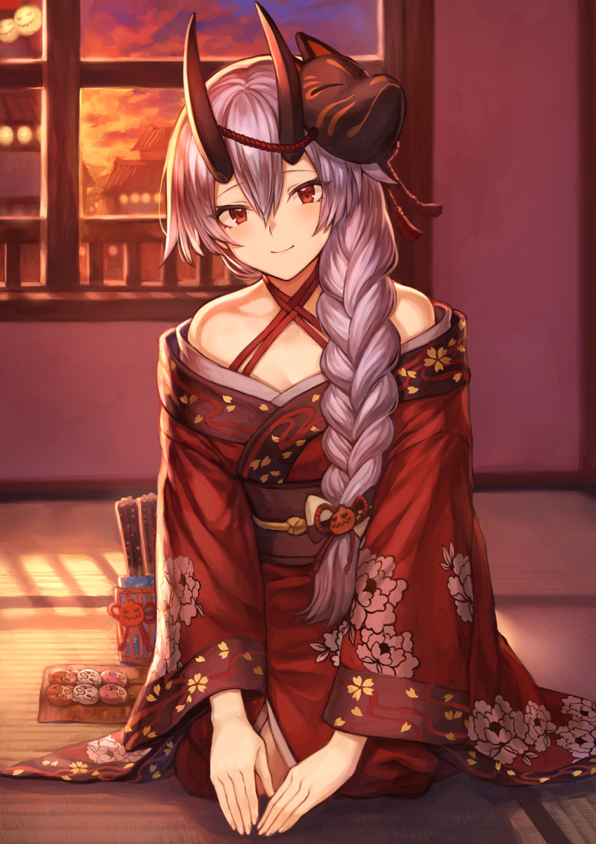 1girl backlighting bangs bare_shoulders blush braid breasts cleavage closed_mouth commentary_request fate/grand_order fate_(series) floral_print fox_mask hair_between_eyes hair_ornament highres horns jack-o'-lantern jack-o'-lantern_hair_ornament japanese_clothes kimono long_hair looking_at_viewer mashu_003 mask medium_breasts obi off_shoulder oni_horns red_eyes red_kimono sash seiza silver_hair single_braid sitting smile solo sunset tomoe_gozen_(fate/grand_order) wide_sleeves window