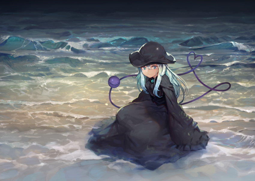 1girl alternate_costume black_dress black_hat breasts closed_mouth dress full_body green_eyes green_hair hair_between_eyes hat heart heart_of_string komeiji_koishi light_smile long_hair looking_at_viewer medium_breasts onion_(onion_and_pi-natto) outdoors sash sitting sleeves_past_wrists solo third_eye touhou water waves