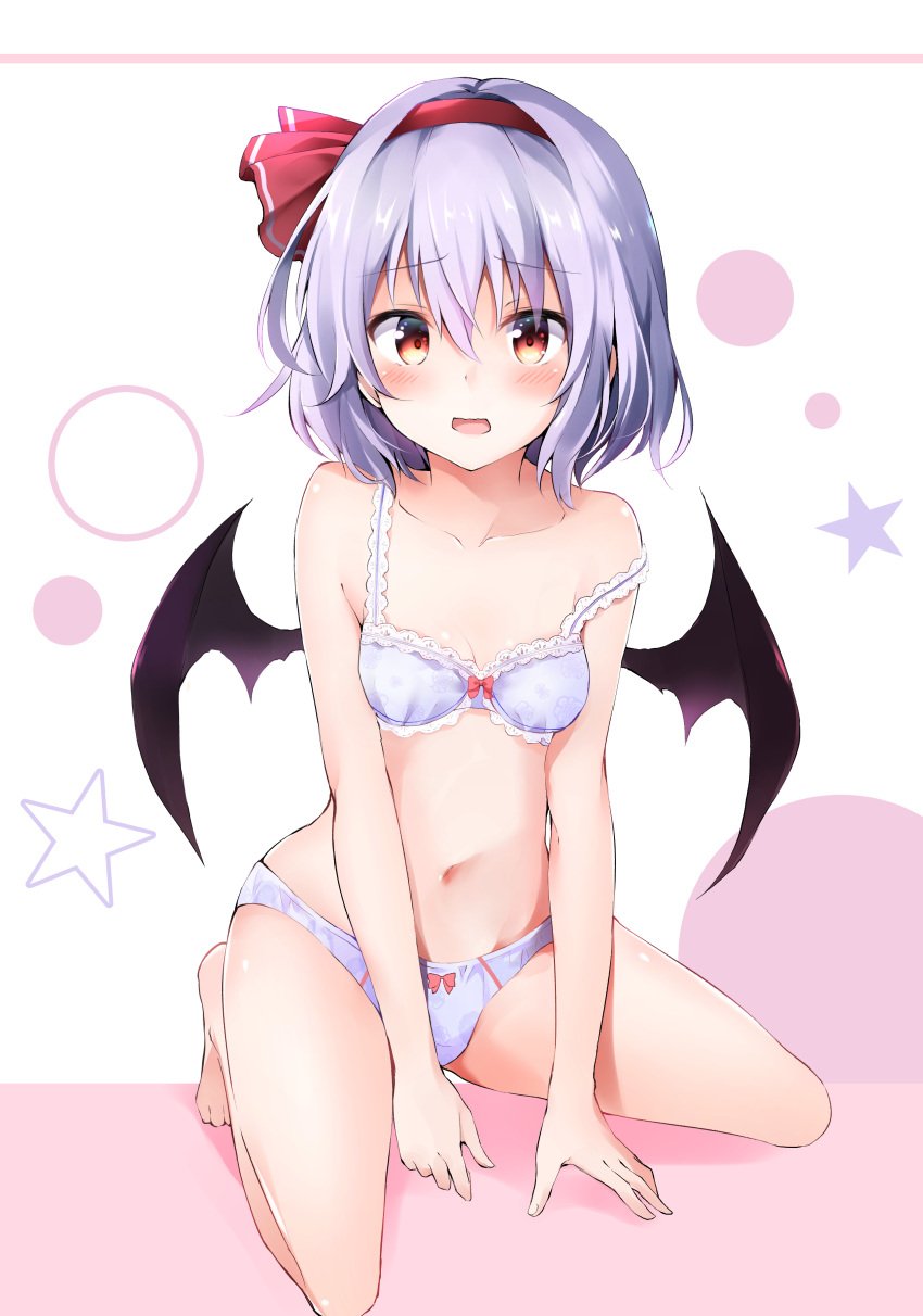 1girl absurdres bangs bare_arms bare_legs bare_shoulders barefoot bat_wings black_wings blue_bra blue_panties blush bow bow_bra bow_panties bra breasts collarbone eyebrows_visible_through_hair hair_between_eyes hair_ribbon hairband highres hyurasan kneeling lace lace-trimmed_bra lavender_hair looking_at_viewer navel open_mouth panties pink_background red_bow red_eyes red_hairband red_ribbon remilia_scarlet ribbon signature small_breasts solo star stomach strap_slip touhou two-tone_background underwear underwear_only white_background wings