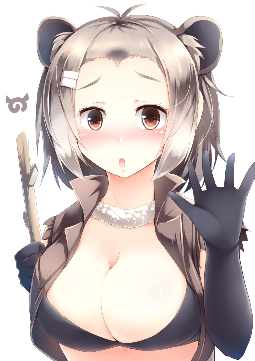 1girl absurdres american_beaver_(kemono_friends) animal_ears beaver_ears black_gloves blush breasts brown_eyes brown_hair cleavage elbow_gloves eyebrows gloves highres kanzakietc kemono_friends large_breasts looking_at_viewer parted_lips solo upper_body