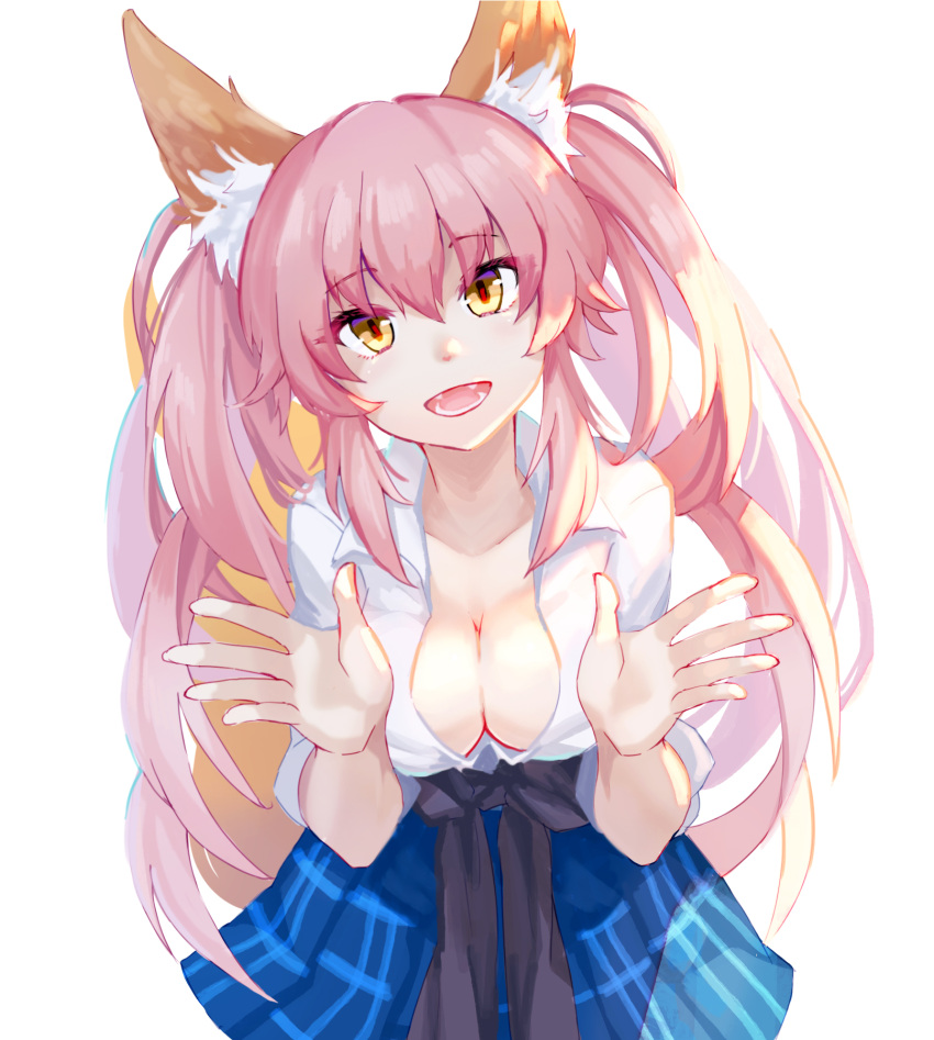 1girl alternate_costume animal_ears blush breasts cleavage clothes_around_waist collarbone fate/extella fate/extra fate_(series) fox_ears fox_tail highres jacket_around_waist large_breasts long_hair looking_at_viewer open_mouth pink_hair saubupo school_uniform shirt simple_background skirt smile solo tail tamamo_(fate)_(all) tamamo_jk_(fate) twintails unbuttoned uniform white_background yellow_eyes