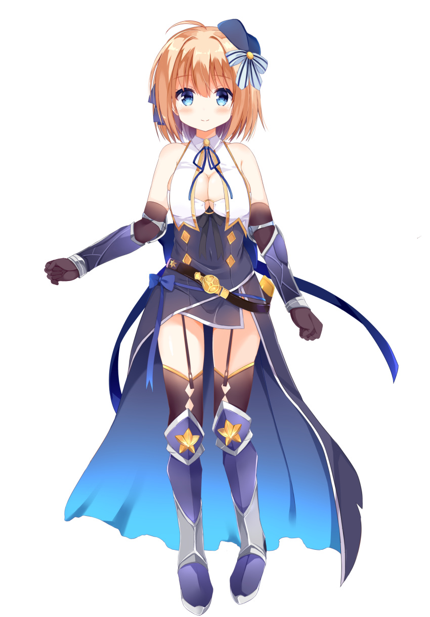 1girl ahoge armored_boots bangs bare_shoulders beret blue_bow blue_eyes blue_hat blue_skirt blush boots bow breasts brown_gloves brown_legwear cleavage closed_mouth commentary_request copyright_request covered_navel elbow_gloves eyebrows_visible_through_hair full_body gloves hair_between_eyes hair_bow hat highres knee_boots kujou_danbo light_brown_hair long_hair o-ring purple_footwear skirt smile solo standing star striped striped_bow thigh-highs thighhighs_under_boots tilted_headwear virtual_youtuber
