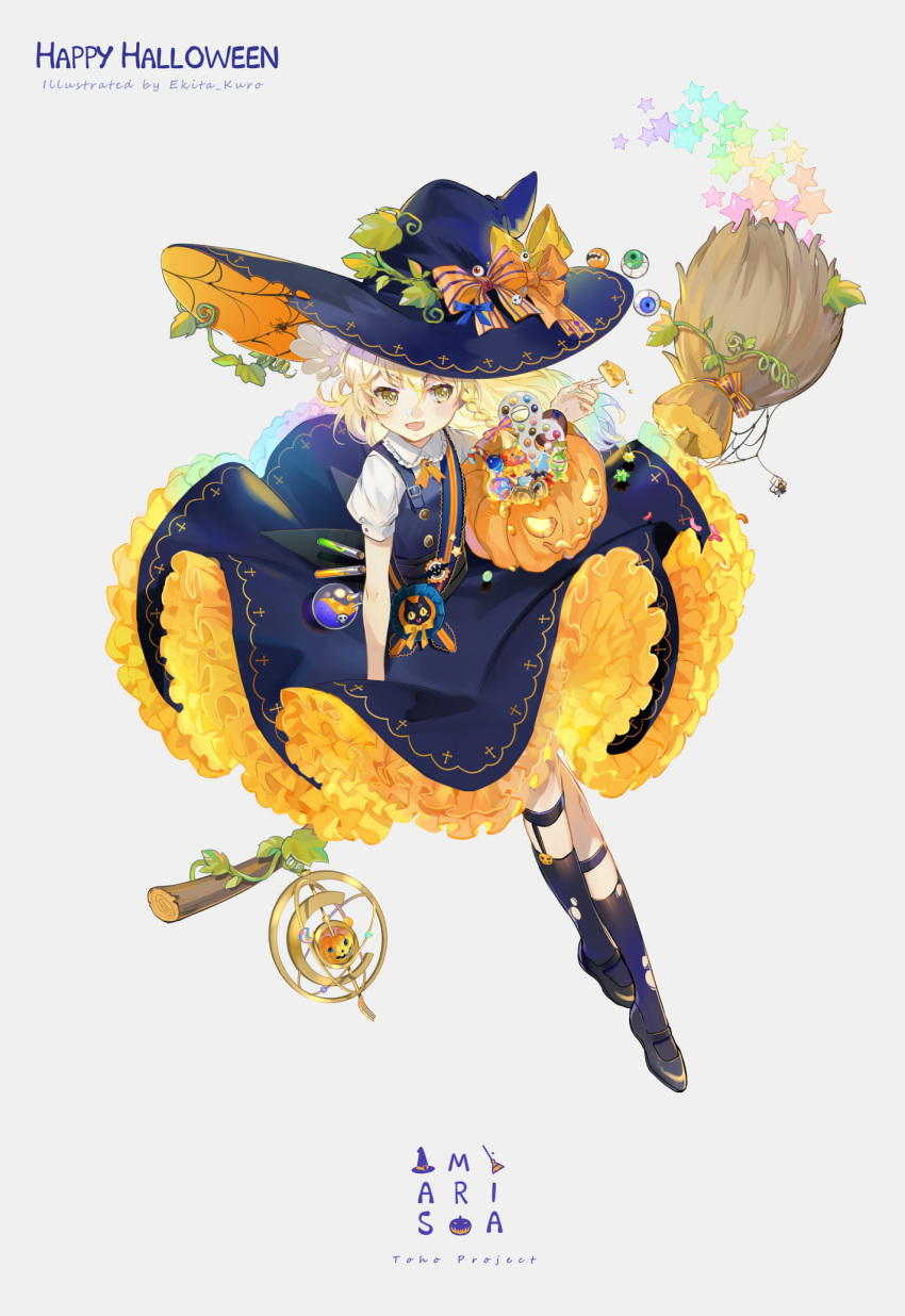 1girl :d black_footwear blonde_hair blue_dress blue_footwear blue_hat blue_ribbon bow braid broom bug candy candy_cane character_name commentary copyright_name dress ekita_xuan english_commentary eyeball eyebrows_visible_through_hair flask food fork grey_background hair_between_eyes hair_ribbon halloween hat hat_bow highres holding holding_fork jack-o'-lantern kirisame_marisa kneehighs leaf looking_to_the_side mary_janes open_mouth orange_bow orange_neckwear petticoat pink_ribbon puffy_short_sleeves puffy_sleeves ribbon shirt shoes short_sleeves simple_background single_braid smile solo spider spider_web_print star striped striped_bow test_tube touhou white_shirt witch_hat yellow_bow yellow_eyes