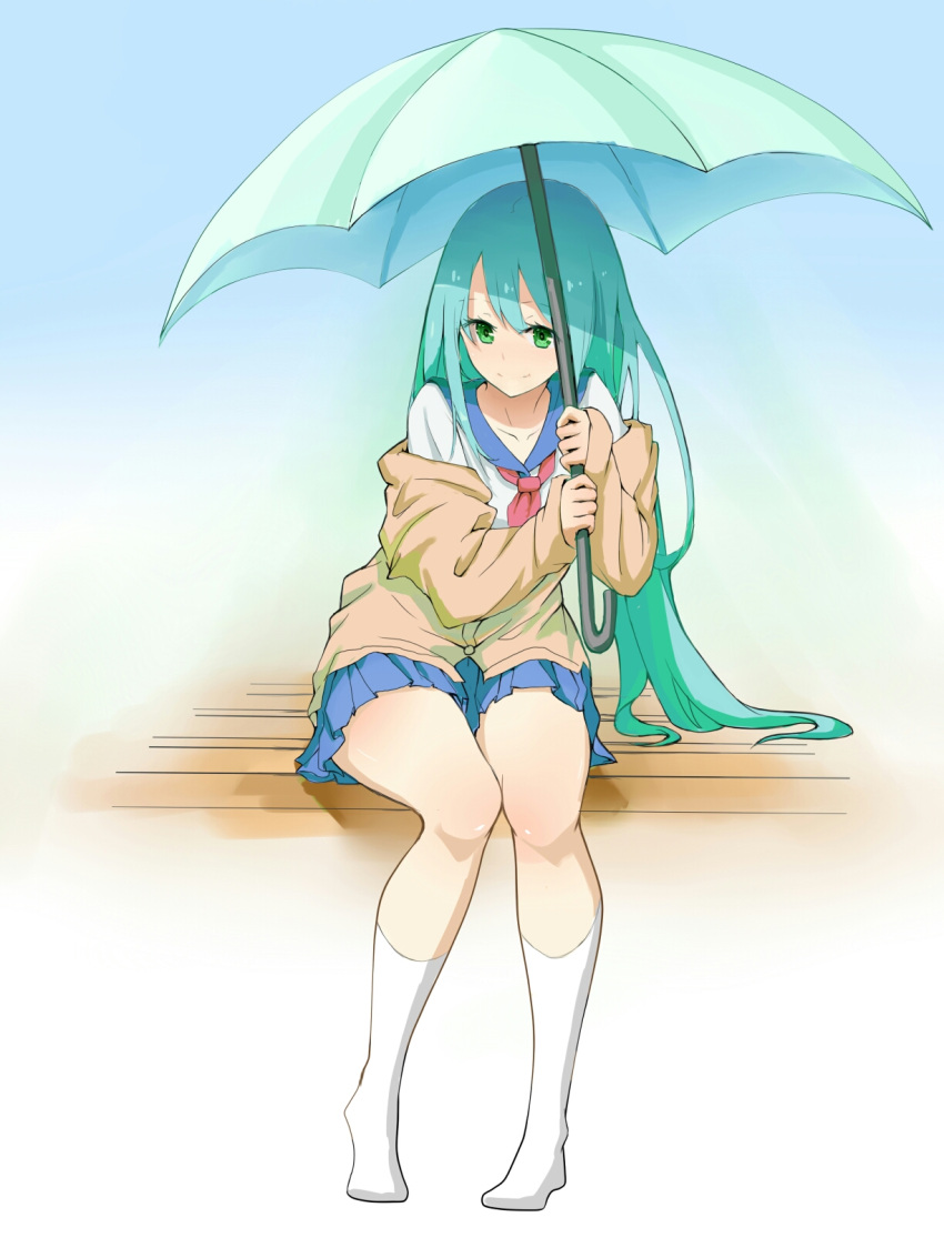 1girl aqua_hair bangs blue_sailor_collar blue_skirt cardigan deatheach full_body green_eyes highres holding holding_umbrella kneehighs long_hair long_sleeves miniskirt neckerchief off_shoulder original pleated_skirt sailor_collar school_uniform serafuku sitting skirt sleeves_past_wrists smile solo thighs umbrella very_long_hair white_legwear