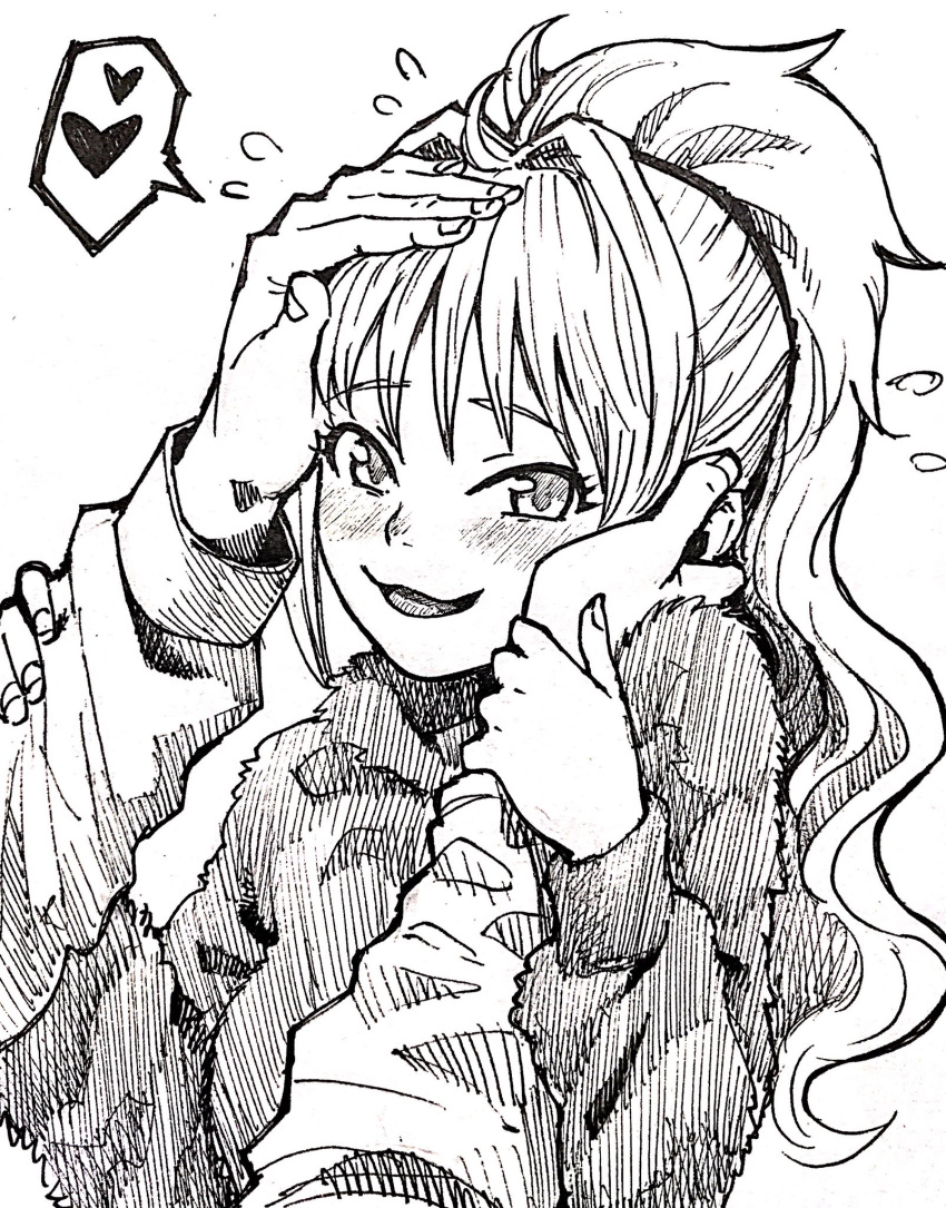 1girl :d bangs blush commentary fingernails greyscale haiokumantan_c hair_intakes hands_on_another's_face heart high_contrast highres hino_akane_(idolmaster) idolmaster idolmaster_cinderella_girls long_hair long_sleeves looking_to_the_side monochrome nose_blush open_mouth petting ponytail smile solo_focus spoken_heart sweater traditional_media wavy_hair white_background