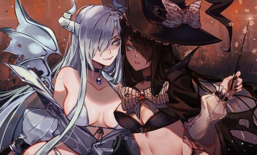 2girls bikini_bottom bikini_top bow breasts brown_hair cape choker cleavage commentary_request demon_horns detached_sleeves grey_eyes hair_over_one_eye halloween hand_holding hat hat_bow horns large_breasts long_hair looking_at_viewer marchab_66 medium_breasts multiple_girls original silver_hair wand wings witch_hat