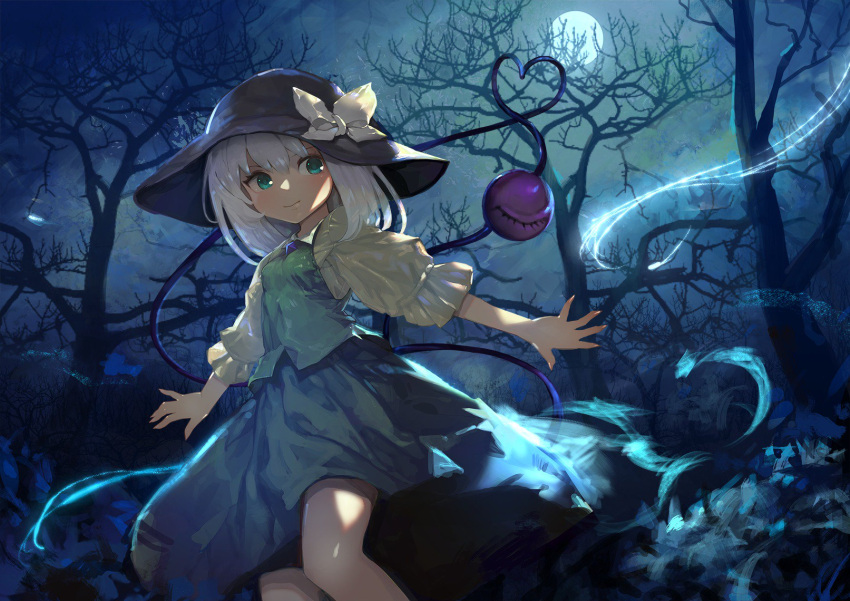 1girl adapted_costume bangs bare_tree black_hat bow forest full_moon green_eyes green_skirt green_vest hat hat_bow heart heart_of_string highres komeiji_koishi looking_to_the_side medium_hair miniskirt moon nature night night_sky onion_(onion_and_pi-natto) outdoors outstretched_arms puffy_sleeves shirt silver_hair skirt skirt_set sky solo third_eye touhou tree vest white_bow yellow_shirt