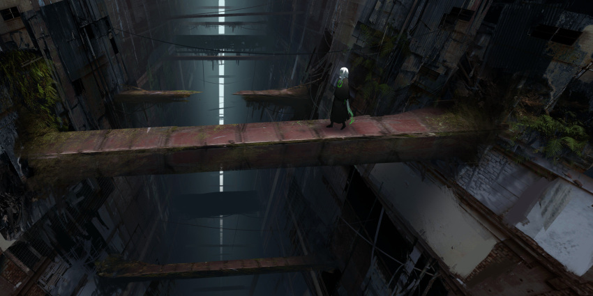 1girl absurdres asuteroid cable claw_(weapon) commentary_request highres iz_(asuteroid) long_hair neon_lights neon_trim original plant ruins scenery solo standing very_long_hair very_wide_shot walking weapon white_hair