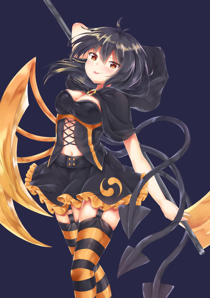 1girl :p absurdres adapted_costume akiteru98 alternate_eye_color alternate_wing_color antenna_hair arm_up asymmetrical_wings bangs black_capelet black_hair black_legwear black_skirt black_wings blue_background blush breasts brooch capelet cleavage commentary_request cross-laced_clothes eyebrows_visible_through_hair feet_out_of_frame garter_straps hair_between_eyes highres holding holding_weapon hood hooded_capelet houjuu_nue jewelry looking_at_viewer medium_breasts miniskirt navel orange_eyes orange_legwear orange_wings petticoat polearm short_hair simple_background skindentation skirt smile solo striped striped_legwear thigh-highs thighs tongue tongue_out touhou trident weapon wings zettai_ryouiki