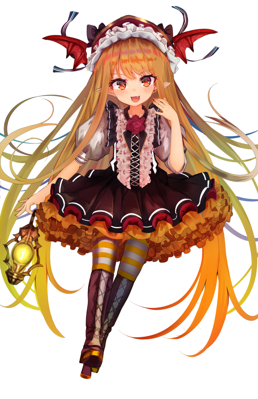 1girl :d bangs bat_wings blonde_hair boots bow brown_bow brown_footwear brown_skirt brown_vest cross-laced_footwear eyebrows_visible_through_hair fang fingernails flower frills full_body granblue_fantasy halloween hand_up head_tilt head_wings high_heel_boots high_heels highres holding holding_lantern lace-up_boots lantern long_hair marisayaka nail_polish open_mouth pantyhose pleated_skirt pointy_ears puffy_short_sleeves puffy_sleeves red_eyes red_flower red_nails red_rose red_wings rose shingeki_no_bahamut shirt short_sleeves simple_background sitting skirt smile solo striped striped_legwear vampy very_long_hair vest white_background white_shirt wings