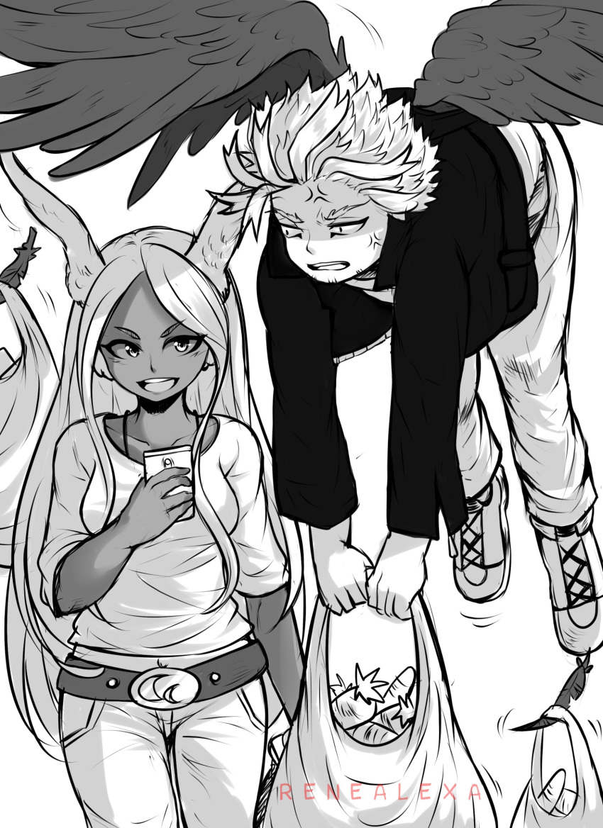 1boy 1girl :d absurdres anger_vein animal_ears artist_name bag belt bird_wings boku_no_hero_academia breasts carrot casual collarbone commentary dark_skin english_commentary facial_hair feathers grocery_bag hawks_(boku_no_hero_academia) highres ink_(medium) mirko monochrome open_mouth rabbit_ears rene_alexa shopping_bag smile stubble traditional_media wings