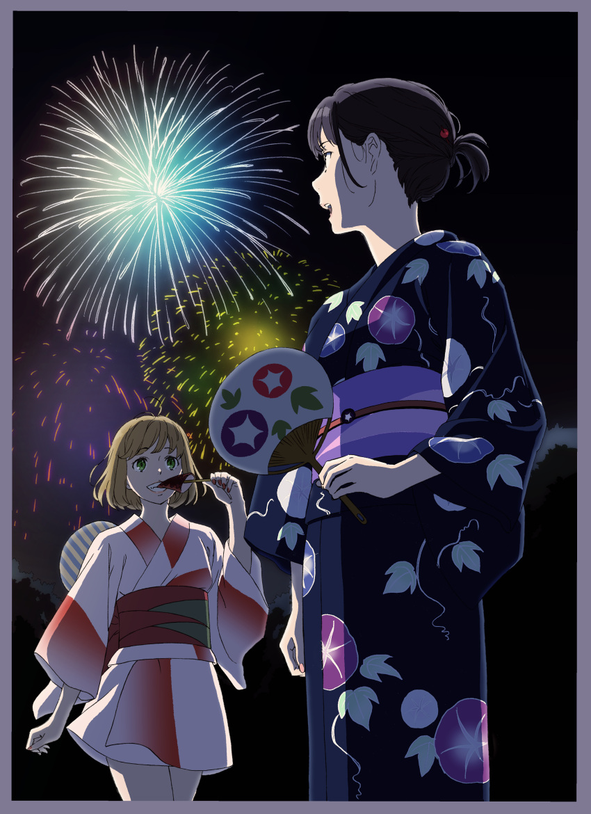 2girls absurdres aerial_fireworks alternate_hairstyle black_hair blonde_hair border commentary_request cowboy_shot eating fan fireworks hair_up highres ikayaki japanese_clothes kakitama kimono multiple_girls night night_sky obi original paper_fan profile sash short_hair short_kimono short_yukata sky summer_festival teeth uchiwa yukata