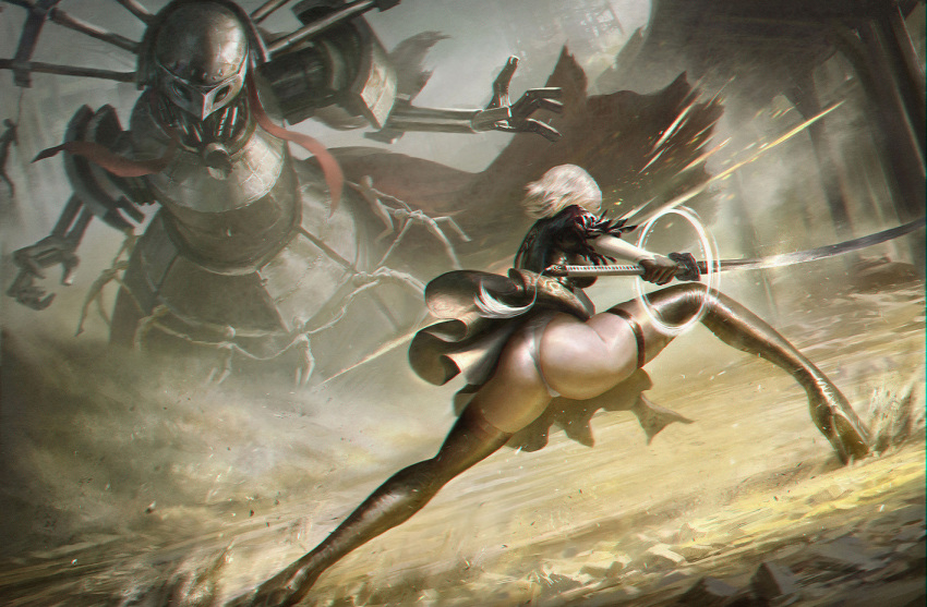 1girl action ass battle black_dress boots dress feather-trimmed_sleeves from_behind gloves high_heel_boots high_heels holding holding_sword holding_weapon juliet_sleeves katana legs leotard long_sleeves nier_(series) nier_automata puffy_sleeves robot silver_hair sparks sword thigh-highs thigh_boots thighhighs_under_boots wang_chen weapon white_leotard yorha_no._2_type_b