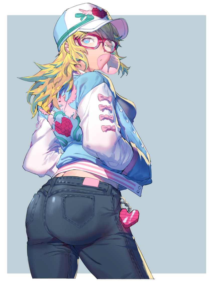 1girl ass blonde_hair blue_eyes bow breasts chewing_gum denim glasses hand_in_pocket hat heart highres jacket jeans keychain medium_hair one_eye_closed original pants simple_background solo woomi