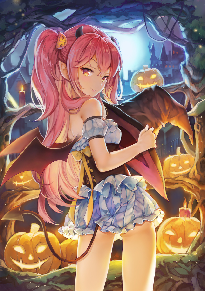 1girl back_bow bangs blue_skirt bow candle castle corset demon_girl demon_horns demon_tail demon_wings detached_sleeves from_behind hair_ornament halloween hat hat_removed headwear_removed highres holding holding_hat horns jack-o'-lantern jack-o'-lantern_hair_ornament long_hair looking_at_viewer looking_back miniskirt night original pink_eyes pink_hair pointy_ears ribbon short_sleeves sibyl sidelocks skirt smile solo striped tail tree two_side_up vertical-striped_skirt vertical_stripes wings witch_hat yellow_bow yellow_ribbon
