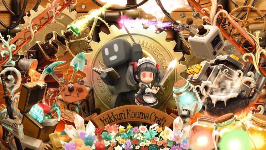 1girl apron arm_up black_dress black_hair blush book bottle bucket cauldron chibi closed_mouth commentary_request copyright_name crate crystal dress english flower frilled_apron frills gears gem gold_bar gun highres holding holding_sword holding_weapon katana maid maid_headdress minecraft nekoita open_book pickaxe red_eyes romaji round-bottom_flask sheath sheathed shovel solid_oval_eyes standing steam sword twintails wand weapon white_apron