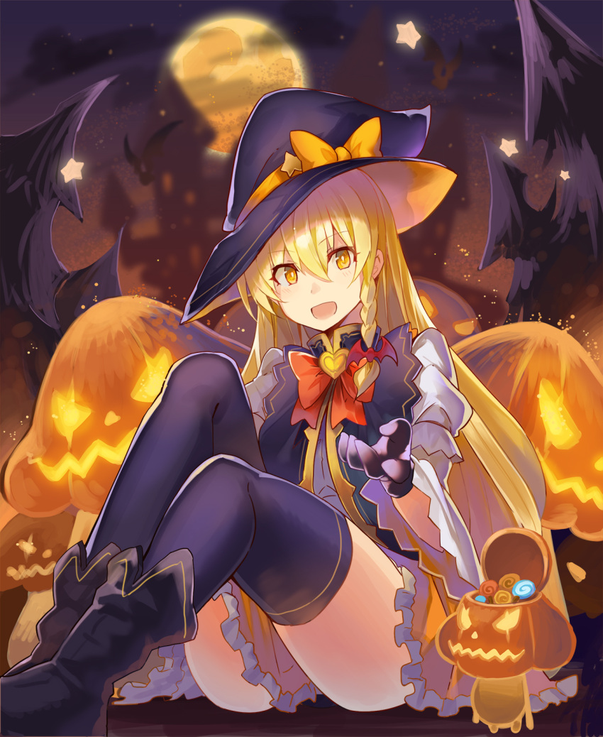 1girl :d ass bangs bat_hair_ornament black_footwear black_gloves black_hat blonde_hair boots bow bowtie braid candy commentary_request eyebrows_visible_through_hair food full_moon gloves hair_between_eyes hair_ornament halloween hat hat_bow highres jack-o'-lantern juliet_sleeves kirisame_marisa long_sleeves looking_at_viewer moon mushroom night night_sky open_mouth orange_bow outdoors petticoat puffy_short_sleeves puffy_sleeves reaching_out red_bow red_neckwear rin_falcon short_sleeves single_braid sitting skirt sky smile solo thigh-highs thighs touhou wide_sleeves witch_hat yellow_eyes