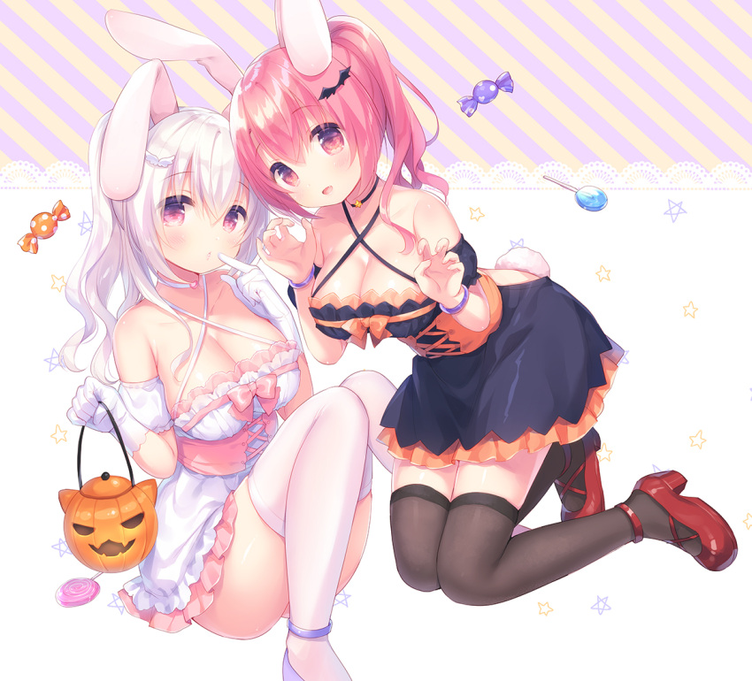 2girls :d animal_ears bare_shoulders black_choker black_dress blush breasts brown_legwear bunny_tail candy candy_wrapper choker claw_pose cleavage closed_mouth commentary_request criss-cross_halter detached_sleeves diagonal_stripes dress fang feet_out_of_frame fingernails food gloves hair_ornament halloween halloween_basket halterneck hands_up head_tilt heart high_heels holding jack-o'-lantern kneeling large_breasts lollipop long_hair looking_at_viewer multiple_girls open_mouth original puffy_short_sleeves puffy_sleeves purple_footwear rabbit_ears red_eyes red_footwear redhead sakura_(usashiro_mani) shoes short_sleeves silver_hair sitting smile star striped swirl_lollipop tail thigh-highs usashiro_mani white_choker white_dress white_gloves white_legwear wing_hair_ornament