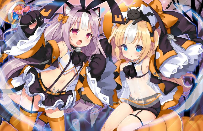 2girls :d :o adapted_costume animal animal_ear_fluff animal_ears animal_on_head arm_up azur_lane bare_shoulders bare_tree bell bell_collar belt belt_buckle black_cat black_collar black_footwear black_hairband black_hat black_jacket black_ribbon black_shorts black_skirt blonde_hair blue_eyes blush boots bow brown_hair buckle candy candy_wrapper cat cat_ears cat_girl cat_on_head cat_tail collar collared_shirt commentary_request food garter_straps ghost gloves hair_bow hair_ornament hair_ribbon hairband halloween_basket hat hat_bow hobby_(azur_lane) jacket jingle_bell kalk_(azur_lane) kemonomimi_mode kurot latin_cross lollipop long_hair long_sleeves looking_at_viewer midriff multicolored_hair multiple_girls navel on_head open_clothes open_jacket open_mouth orange_belt orange_bow orange_legwear parted_lips paw_gloves paws pleated_skirt pumpkin red_eyes ribbon see-through shirt short_shorts shorts sitting skirt sleeveless sleeveless_shirt sleeves_past_fingers sleeves_past_wrists smile standing standing_on_one_leg streaked_hair tail thigh-highs tombstone tree twintails twitter_username two_side_up very_long_hair white_hair white_shirt wide_sleeves witch_hat