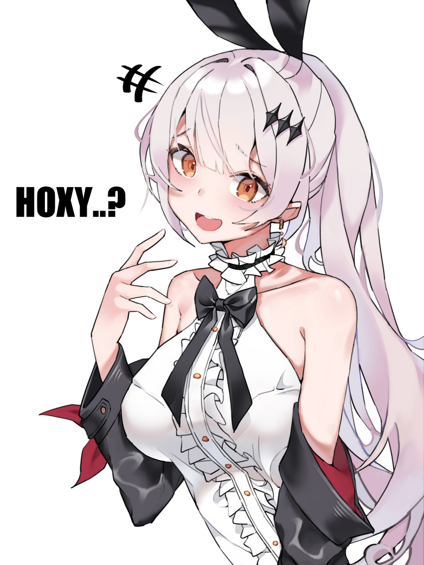 1girl absurdres anparu black_bow blouse bow breasts bunny_hair_ornament five-seven_(girls_frontline) girls_frontline hair_ornament highres long_hair looking_at_viewer medium_breasts ponytail silver_hair smile solo upper_body white_blouse yellow_eyes