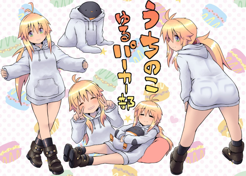 1girl ahoge bird blonde_hair blush green_eyes hijikata-san_(m.m) hood hoodie koshirae_tsurugi long_hair m.m open_mouth original parka penguin sleeves_past_wrists smile