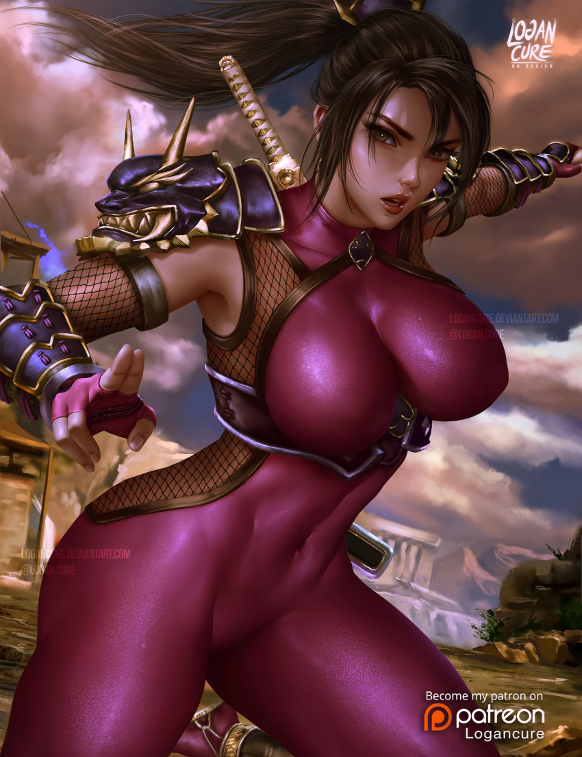 1girl armor bangs bodysuit breasts brown_eyes brown_hair clouds cloudy_sky commentary covered_nipples english_commentary fighting_stance fingerless_gloves fishnets gloves highres large_breasts logan_cure long_hair looking_at_viewer ninja open_mouth outdoors ponytail rock scenery shoulder_armor skin_tight sky solo soul_calibur spandex stance sword sword_behind_back tabi taki_(soulcalibur) weapon