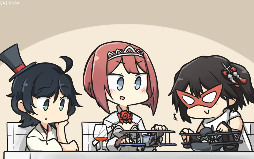 3girls ahoge aircraft aircraft_request airplane ark_royal_(kantai_collection) bangs black_gloves black_hair blue_eyes blunt_bangs bob_cut brown_gloves chair commentary_request dated elbow_gloves fingerless_gloves furisode gloves green_eyes hair_ornament hairband hakama hamu_koutarou hand_on_own_face hat highres japanese_clothes kantai_collection kimono long_sleeves mask matsukaze_(kantai_collection) meiji_schoolgirl_uniform mini_hat mini_top_hat multiple_girls redhead remodel_(kantai_collection) scarf school_uniform sendai_(kantai_collection) serafuku short_hair swept_bangs table tiara top_hat toy_airplane tsurime two_side_up upper_body wavy_hair white_scarf