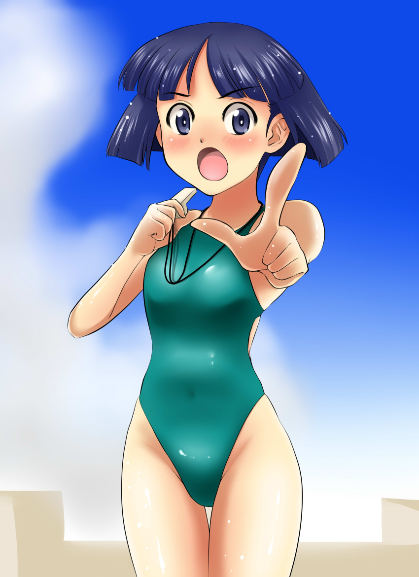 1girl absurdres aqua_swimsuit bangs black_eyes black_hair blunt_bangs bob_cut commentary_request competition_swimsuit covered_navel cowboy_shot foreshortening girls_und_panzer highres looking_at_viewer nanao_futaba one-piece_swimsuit open_mouth pointing short_hair solo sono_midoriko standing swimsuit thigh_gap whistle