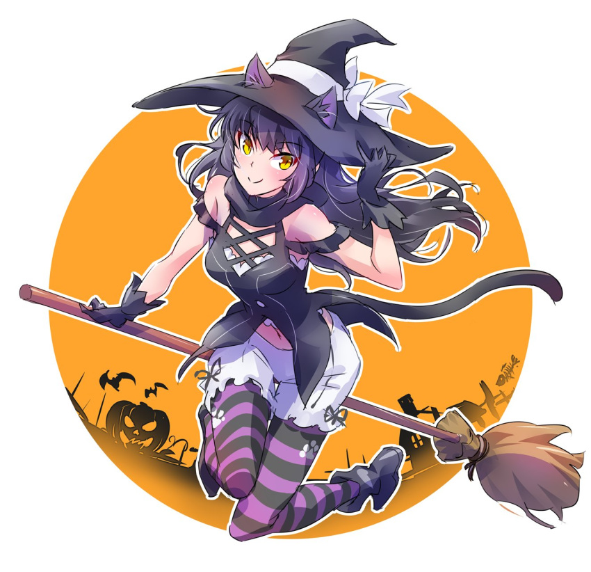 1girl animal_ears arm_ribbon bare_shoulders black_hair blake_belladonna bow broom cat_ears cat_tail coattails halloween hat hat_bow highres iesupa legwear_under_shorts long_hair midriff ribbon rwby shirt shorts sleeveless sleeveless_shirt solo tail vest white_bow witch witch_hat yellow_eyes