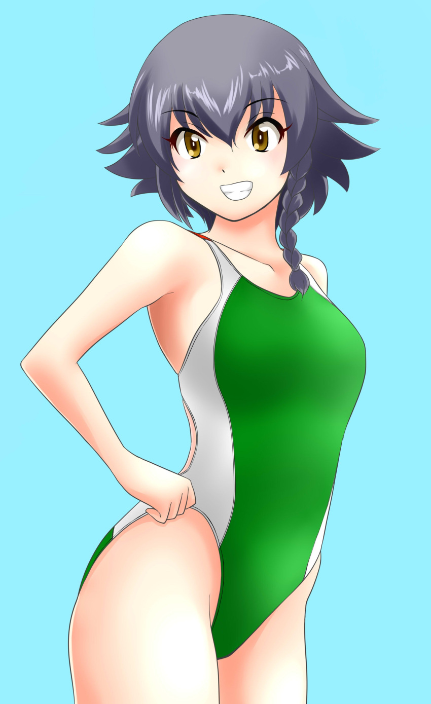 1girl absurdres bangs black_hair blue_background braid brown_eyes collarbone commentary_request competition_swimsuit cowboy_shot flat_chest girls_und_panzer green_swimsuit grin highres looking_at_viewer nanao_futaba one-piece_swimsuit pepperoni_(girls_und_panzer) short_hair side_braid simple_background smile solo standing swimsuit