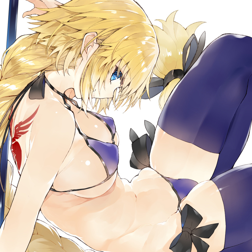 1girl absurdres back bikini blonde_hair blue_bikini blue_bikini_bottom blue_bikini_top blue_eyes braid breasts command_spell commentary_request fate/apocrypha fate/grand_order fate_(series) from_side highres jeanne_d'arc_(fate) jeanne_d'arc_(fate)_(all) kou_mashiro large_breasts legs long_hair looking_at_viewer looking_to_the_side navel ribbon single_braid string_bikini swimsuit tattoo thigh-highs thighs very_long_hair