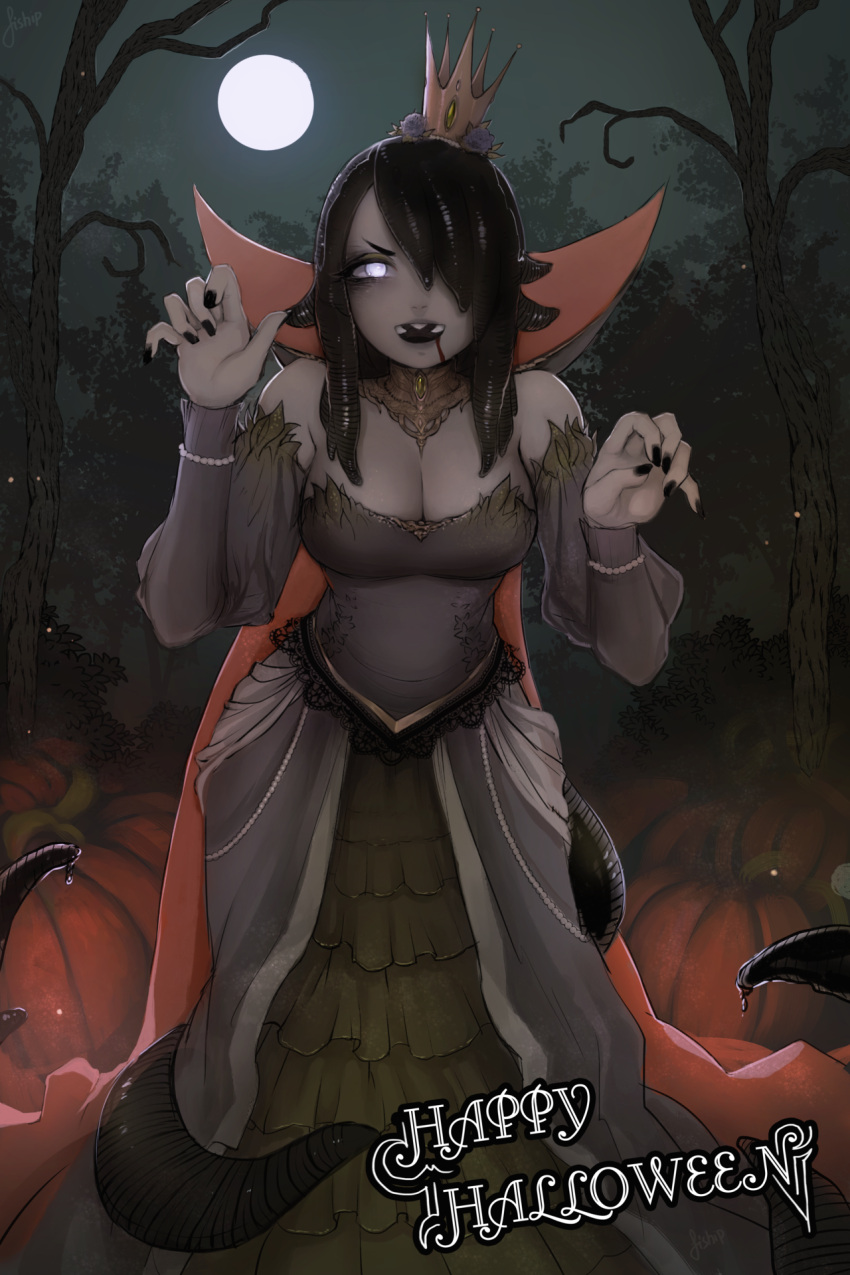 1girl :d bare_shoulders bare_tree black_hair black_nails blood blood_on_face breasts claw_pose cleavage commentary crown detached_sleeves dress english_commentary forest full_moon grey_dress grey_skin hair_over_one_eye hands_up happy_halloween high_collar highres jewelry leech_queen_(matilda_vin) looking_at_viewer matilda_vin mini_crown monster_girl moon nail_polish nature night no_pupils open_mouth original outdoors sharp_teeth smile solo teeth tilted_headwear tree v-shaped_eyebrows white_eyes