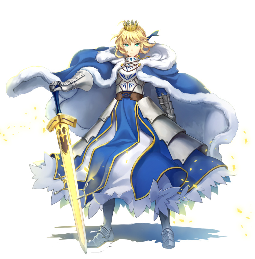 1girl armor armored_boots armored_dress artoria_pendragon_(all) blonde_hair blue_cape blue_dress blue_ribbon boots cape crown ddaomphyo dress excalibur fate/stay_night fate_(series) faulds floating_hair full_body fur_trim gauntlets green_eyes hair_between_eyes hair_ribbon hand_on_hilt highres looking_at_viewer ribbon saber short_hair simple_background solo standing sword weapon white_background