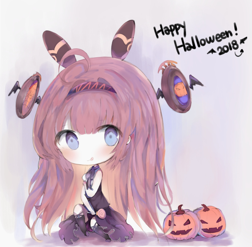 1girl 2018 :p ahoge bangs bare_arms bare_shoulders big_head black_legwear black_vest black_wings blue_eyes blush bow candy chibi closed_mouth commentary cottontailtokki eyebrows_visible_through_hair food hair_between_eyes halloween happy_halloween highres holding holding_food holding_lollipop jack-o'-lantern lishenna_omen_of_destruction lollipop long_hair purple_bow purple_footwear purple_skirt redhead shadowverse shirt shoes skirt sleeveless sleeveless_shirt smile solo swirl_lollipop thigh-highs tongue tongue_out very_long_hair vest white_shirt wings