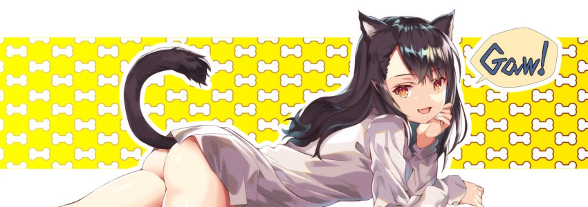 1girl :d animal_ears ass black_hair bone_print brown_eyes cat_ears cat_tail fang highres long_hair looking_at_viewer lying on_stomach open_mouth original shirt simple_background smile speech_bubble tail wakegi9315 yellow_background