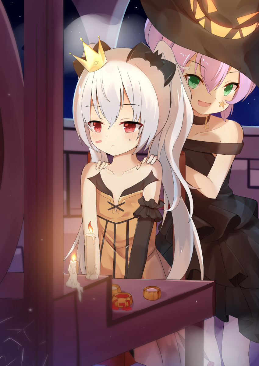 2girls :d absurdres azur_lane bangs bare_shoulders bat_hair_ornament black_choker black_dress black_hat blush brick_wall choker closed_mouth collarbone commentary_request crown dress eyebrows_visible_through_hair glowing green_eyes hair_between_eyes hair_ornament halloween hands_on_another's_shoulders hat highres javelin_(azur_lane) laffey_(azur_lane) long_hair mini_crown multiple_girls night night_sky off-shoulder_dress off_shoulder open_mouth orange_dress purple_hair red_eyes sakutaishi silver_hair single_detached_sleeve sitting sky smile standing star star_(sky) starry_sky strapless strapless_dress sweat tilted_headwear twintails very_long_hair witch_hat
