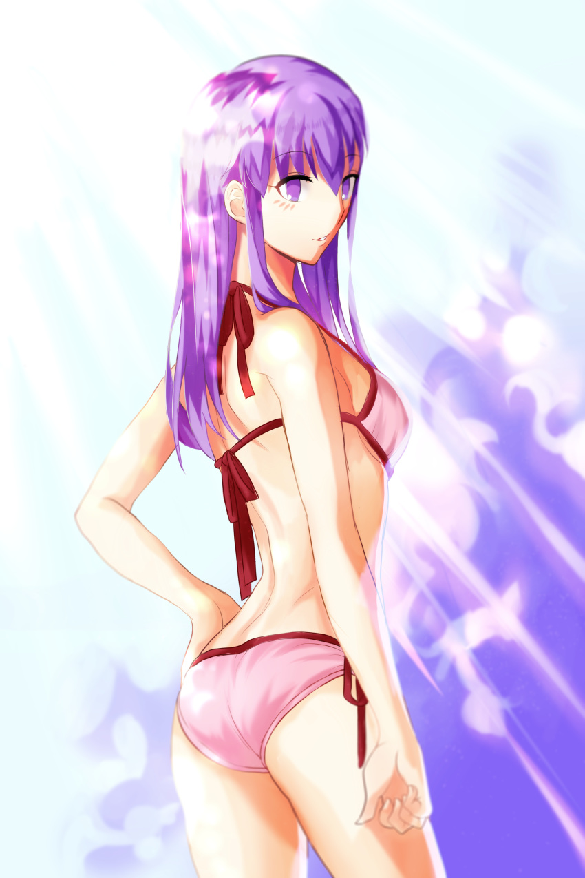 1girl ass back bikini carnival_phantasm cute emiya-san_chi_no_kyou_no_gohan fate/hollow_ataraxia fate/stay_night fate_(series) kkuwa long_hair matou_sakura pink_bikini purple_hair sexy solo violet_eyes