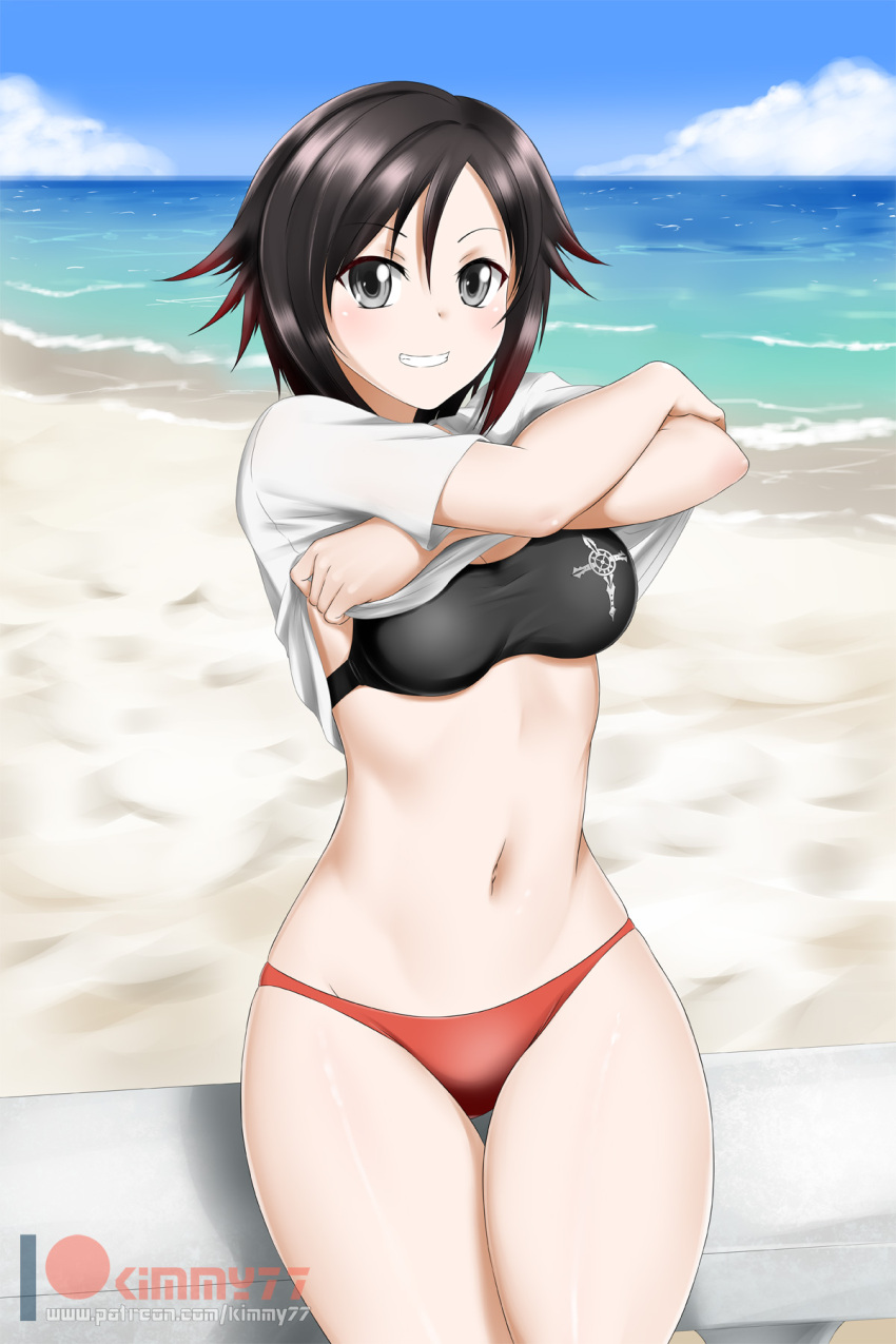 1girl alfred_cullado beach black_bikini_top black_hair blue_sky breasts cleavage clouds day gradient_hair grey_eyes grin hair_between_eyes highres lifted_by_self looking_at_viewer medium_breasts multicolored_hair navel ocean outdoors patreon_username print_bikini_top red_bikini_bottom ruby_rose rwby shiny shiny_hair shirt shirt_lift short_hair sky smile solo watermark white_shirt