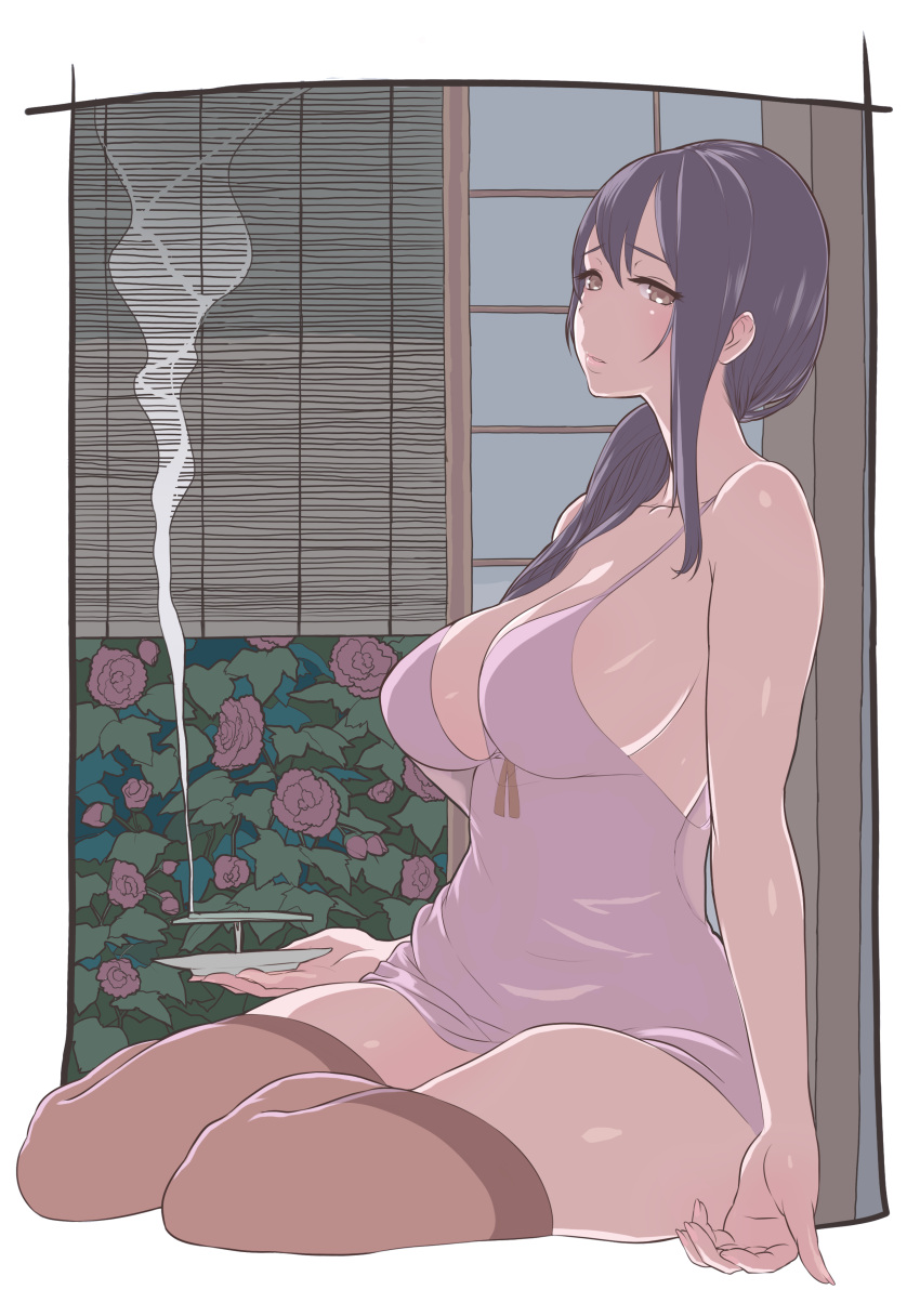 1girl absurdres architecture babydoll bangs bare_shoulders blush breasts brown_eyes brown_hair chemise commentary_request dress east_asian_architecture hair_between_eyes highres incense large_breasts lingerie long_hair nightgown original pink_dress pink_lips plate sideboob sitting steam thigh-highs thighs ueda_torini underwear