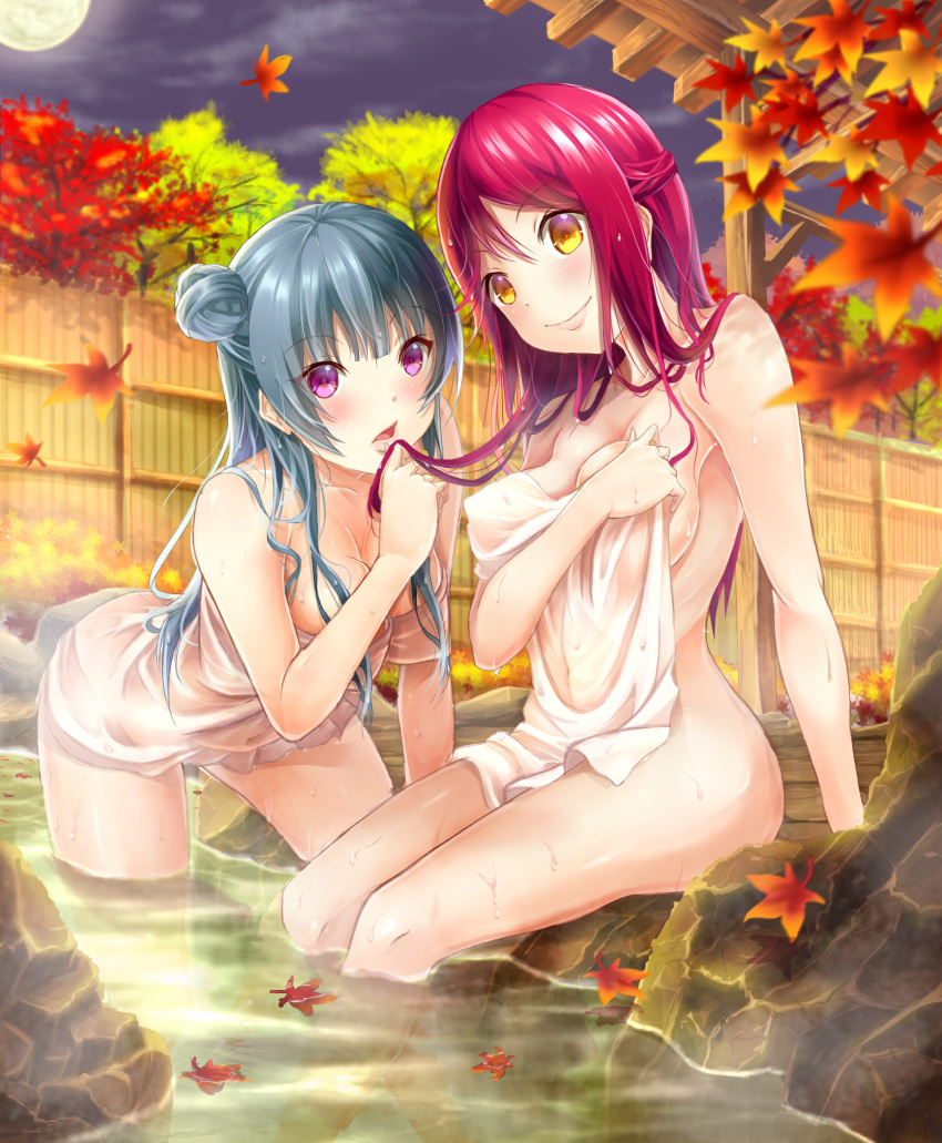 2girls autumn_leaves bangs bare_shoulders blue_hair blush breasts cleavage clouds covering eyebrows_visible_through_hair fence hair_bun hand_in_another's_hair highres leaf leaning_forward long_hair looking_at_viewer love_live! love_live!_sunshine!! maple_leaf moon moridam multiple_girls naked_towel night night_sky nude_cover onsen open_mouth redhead rock sakurauchi_riko side_bun sitting sky smile standing towel tree tsushima_yoshiko violet_eyes water wet wooden_fence yellow_eyes yuri