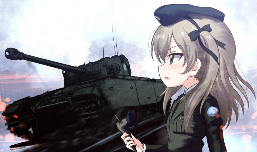 1girl caterpillar_tracks centurion_(tank) emblem girls_und_panzer ground_vehicle highres kuroten light_brown_eyes light_brown_hair long_hair military military_vehicle motor_vehicle selection_university_(emblem) selection_university_military_uniform shimada_arisu tank