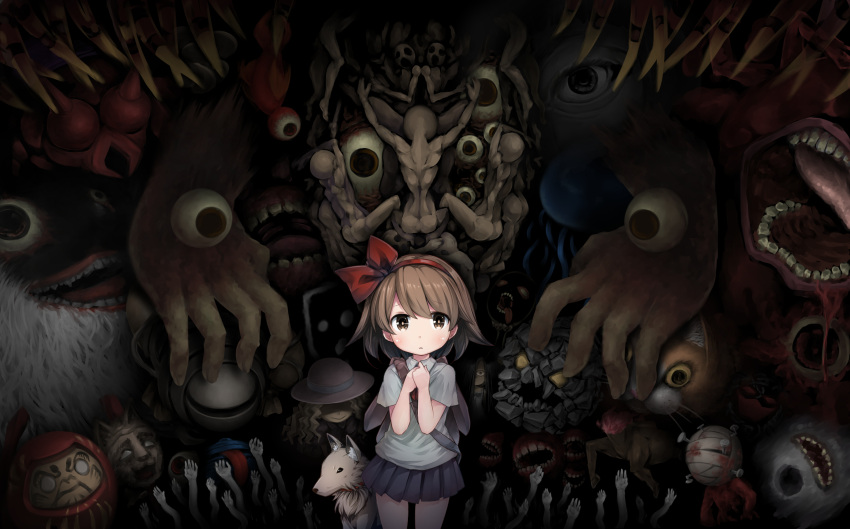 1girl :&gt; ass backpack bag bandage blonde_hair blood blue_skirt blush bow brown_eyes brown_hair cat closed_mouth daruma_doll dog eyebrows_visible_through_hair hair_bow highres looking_at_another looking_at_viewer moegi_nenene nail open_mouth own_hands_together parted_lips pleated_skirt poro_(yomawari) protagonist_(yomawari) red_bow shirt short_sleeves skirt standing tongue tongue_out white_shirt yomawari