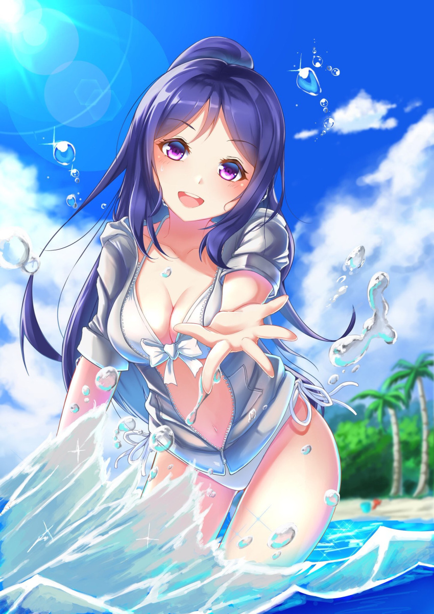 1girl aogiri55817yasd bangs beach bikini blue_hair blush bow_bikini breasts cleavage clouds collarbone eyebrows_visible_through_hair hair_between_eyes highres hood hoodie jacket jacket_over_swimsuit long_hair looking_at_viewer love_live! love_live!_sunshine!! matsuura_kanan medium_breasts open_clothes open_hoodie outdoors palm_tree ponytail reaching_out side-tie_bikini sky smile solo sunlight sweater swimsuit tree unzipped violet_eyes water water_drop waves white_bikini white_sweater
