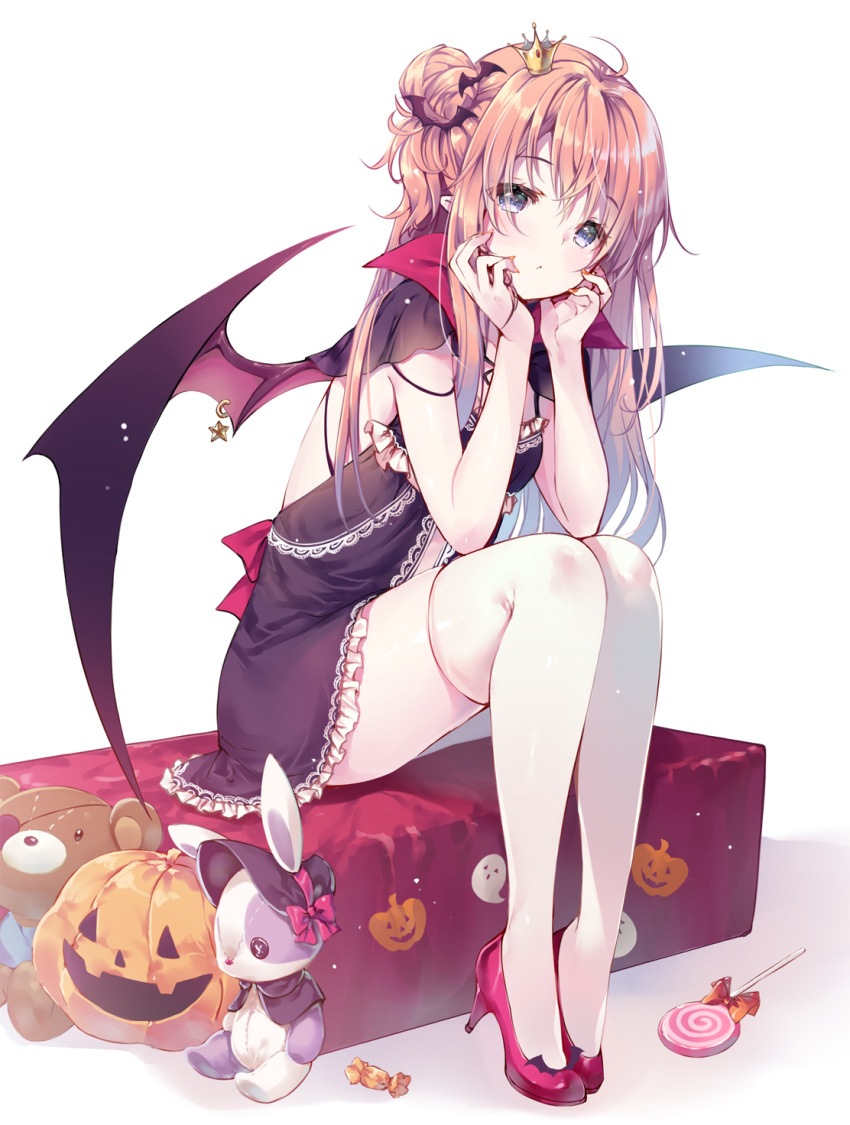 1girl ahoge babydoll back_bow bangs bat_hair_ornament black_babydoll black_capelet blue_eyes bonet bow candy capelet chin_rest crown demon_girl demon_wings elbows_on_knees eyepatch food frills ghost hair_ornament halloween high_heels highres jack-o'-lantern legs_together lollipop long_hair looking_at_viewer mini_crown miwabe_sakura original pale_skin pink_bow pink_footwear pink_hair side_bun sitting solo stuffed_animal stuffed_bunny stuffed_toy teddy_bear thigh-highs white_legwear wing_ornament wings