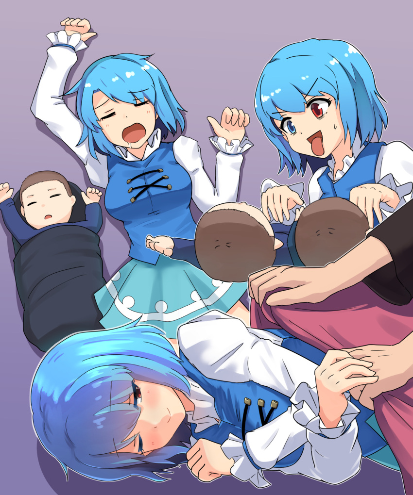 1girl 3boys ;) baby blanket blue_eyes blue_hair blue_skirt blue_vest breasts closed_mouth covering drooling gradient gradient_background hand_holding heterochromia highres juliet_sleeves long_sleeves lying medium_breasts miniskirt multiple_boys multiple_views on_back on_side one_eye_closed open_mouth puffy_sleeves purple_background red_eyes shirt sitting skirt skirt_set smile sweatdrop tada_no_nasu tatara_kogasa tongue tongue_out touhou vest white_shirt zzz