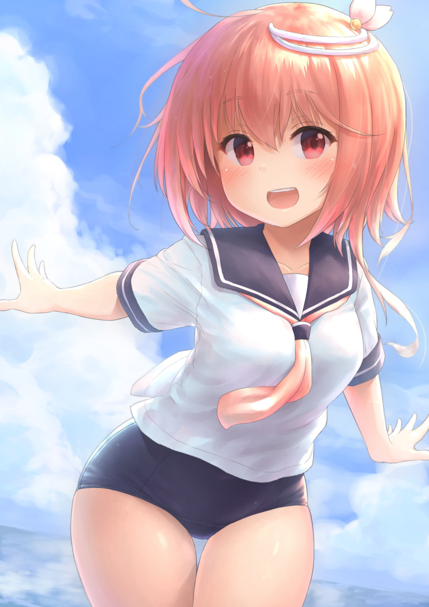 1girl ahoge bangs blue_sky blush clouds collarbone commentary_request eyebrows_visible_through_hair hair_between_eyes hair_ornament highres i-58_(kantai_collection) kantai_collection looking_at_viewer neckerchief ocean one-piece_swimsuit open_mouth outdoors pink_hair red_eyes school_swimsuit school_uniform serafuku short_hair sky smile solo swimsuit swimsuit_under_clothes thighs wamu_(chartreuse) water