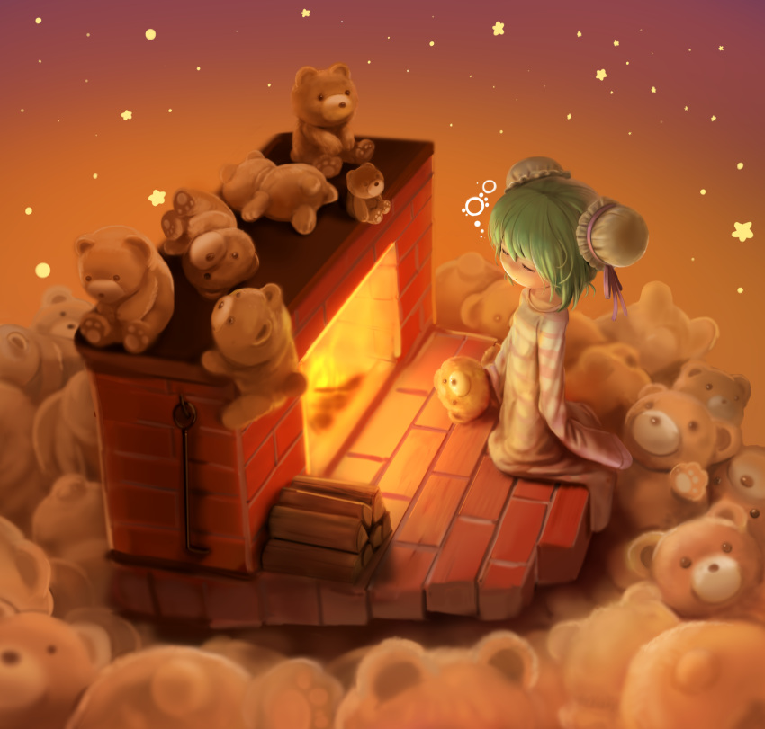 1girl brick brown_eyes double_bun fire fire_poker fireplace from_above green_hair highres nekoita original oversized_clothes oversized_shirt parted_lips shirt skirt sleepy sleeves_past_wrists solo striped striped_skirt stuffed_animal stuffed_toy teddy_bear wood