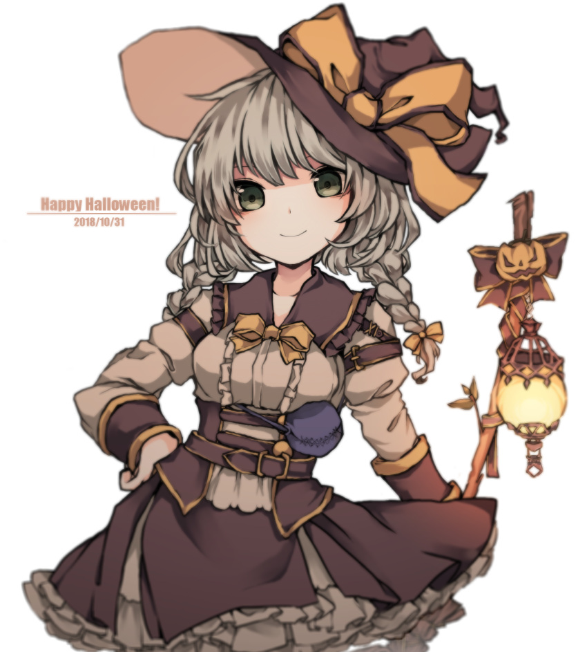 1girl bangs black_hat black_skirt bow bowtie braid breasts center_frills closed_mouth green_eyes hair_bow halloween hand_on_hip hat hat_bow highres jack-o'-lantern juliet_sleeves komeiji_koishi long_hair long_sleeves looking_at_viewer medium_breasts orange_bow orange_neckwear puffy_sleeves sato_imo silver_hair simple_background skirt smile solo staff stitches third_eye touhou twin_braids white_background witch_hat